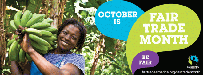 person smiling, fair trade banner